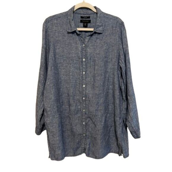 Tahari 100% Linen Button Up Tunic Top Womens Large Blue Roll Tab Sleeve Coastal - Picture 1 of 6